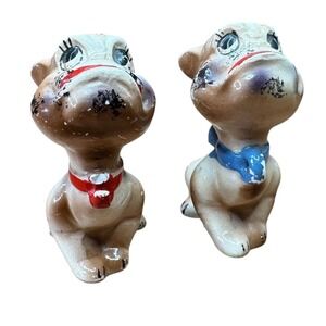Vintage Ceramic Dog Figurines Pair Cute Hand Painted Red Blue Collar Collectible
